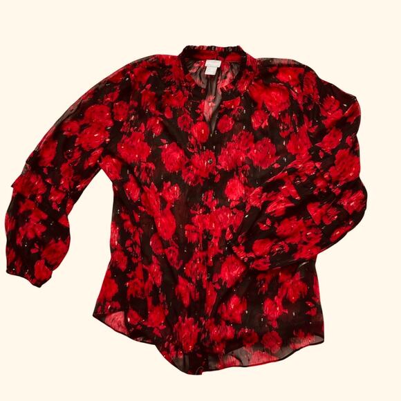 Chico's Tops - Chico’s Women’s Blouse Size 2 (L/12) Black Red Sheer Floral Long Sleeve Top